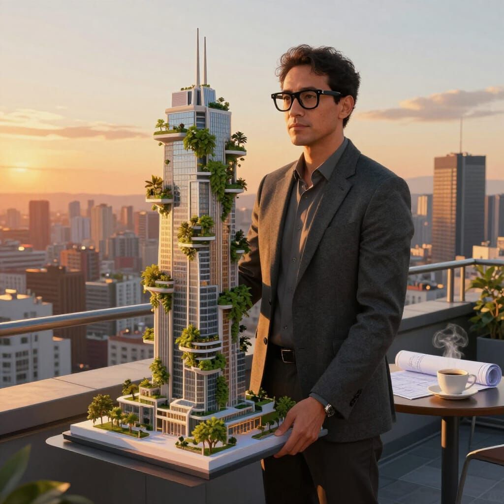 Architect Poses With Futuristic Skyscraper Model at Sunset