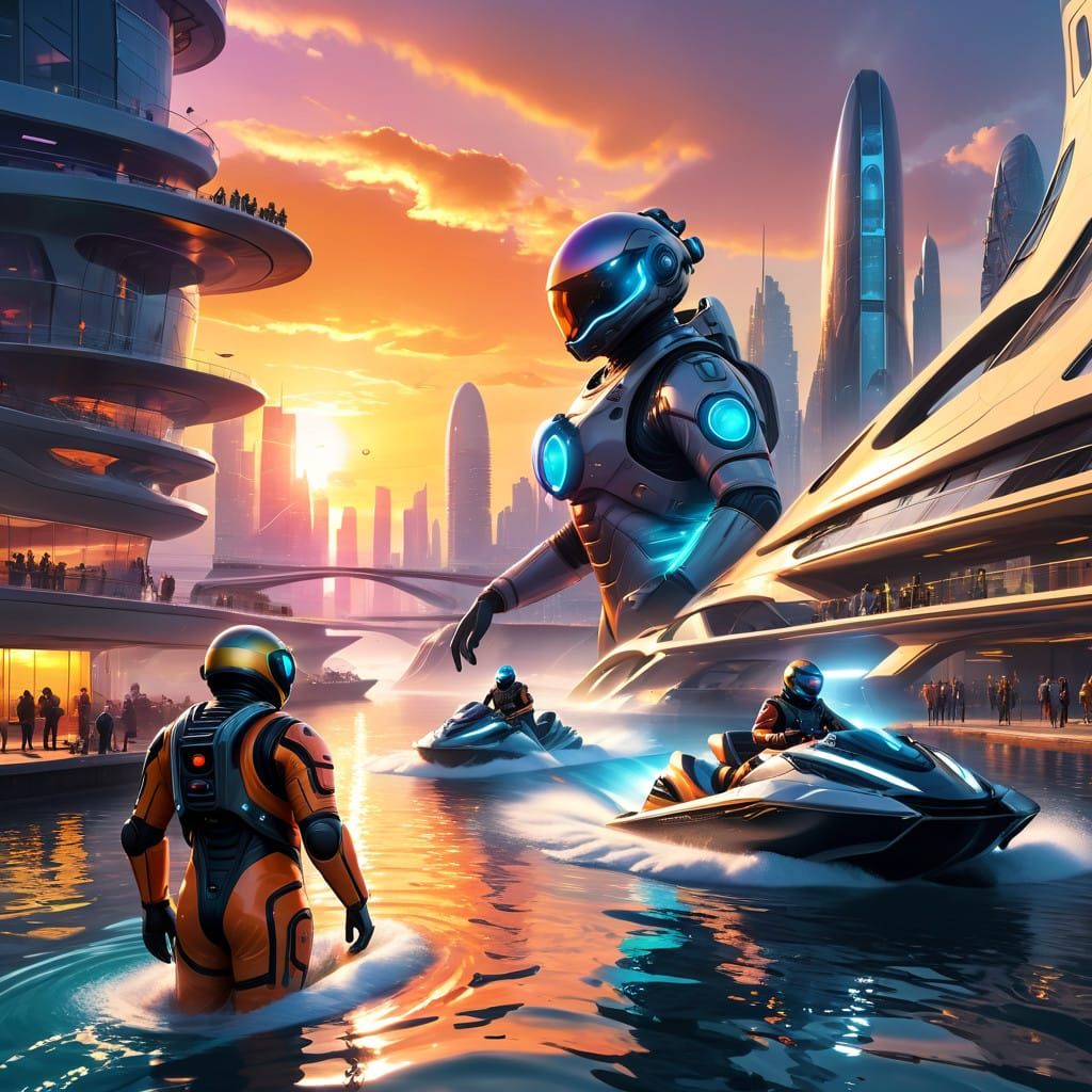 Spectacular Futuristic Sunset on Riverfront