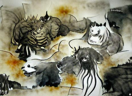 Ink Wash Painting of Mythical Beasts