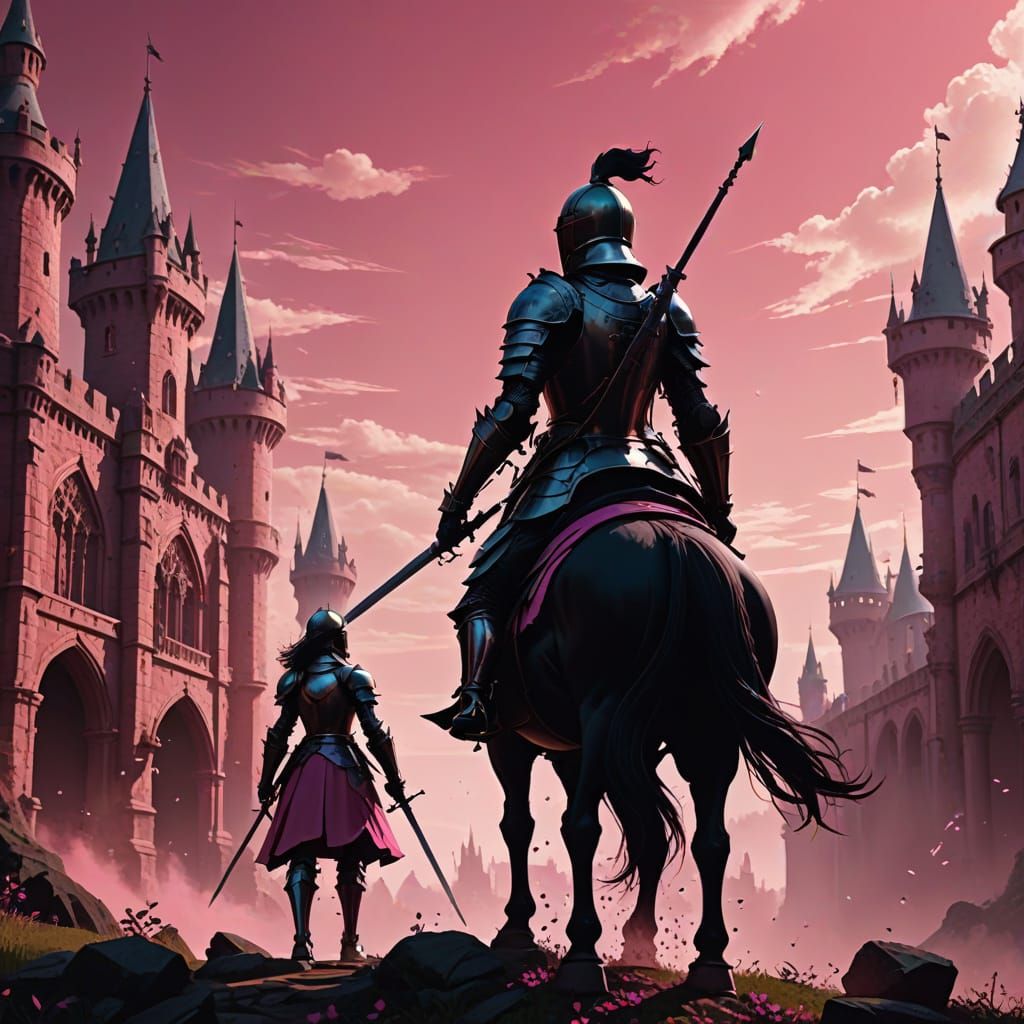 Elegant Female Knight Silhouettes on Vibrant Pink Background