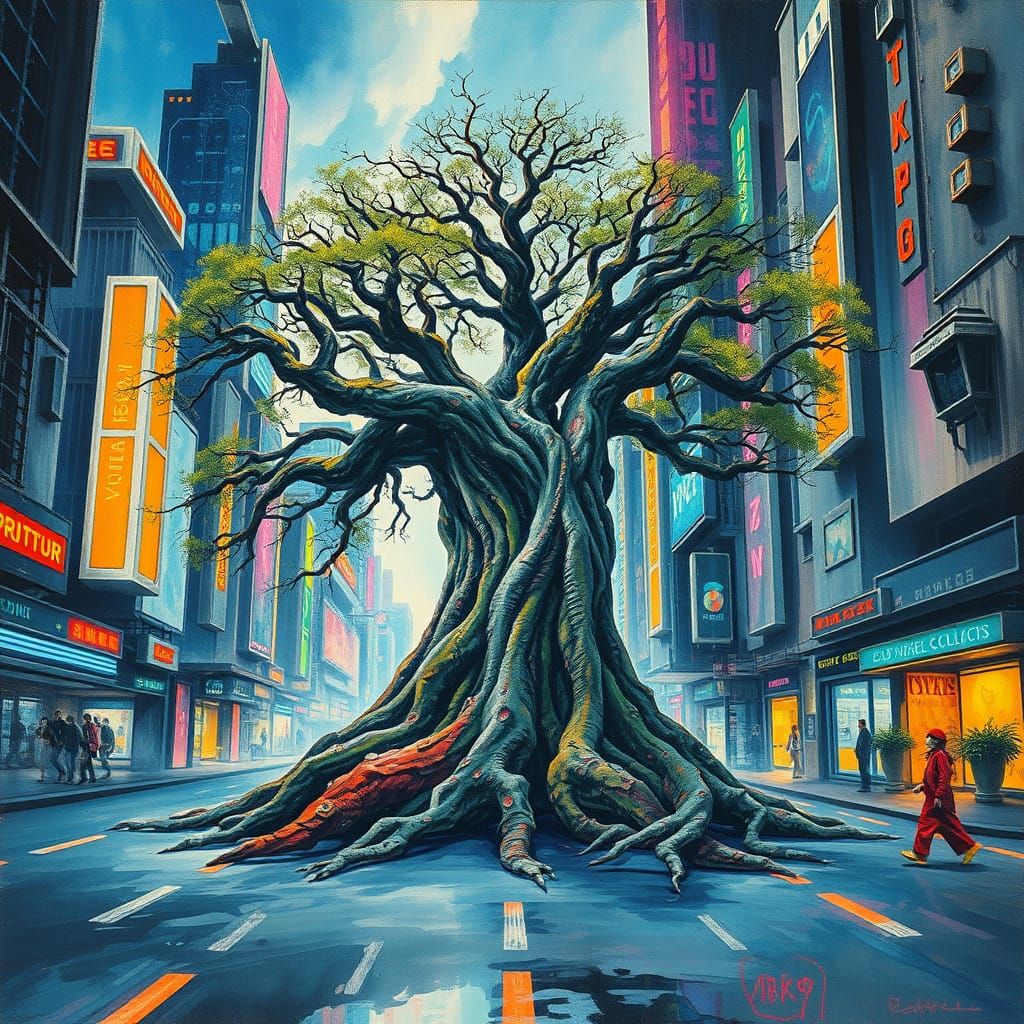Futuristic Cityscape with Ancient Tree in Neon-Lit, Dreamlik...