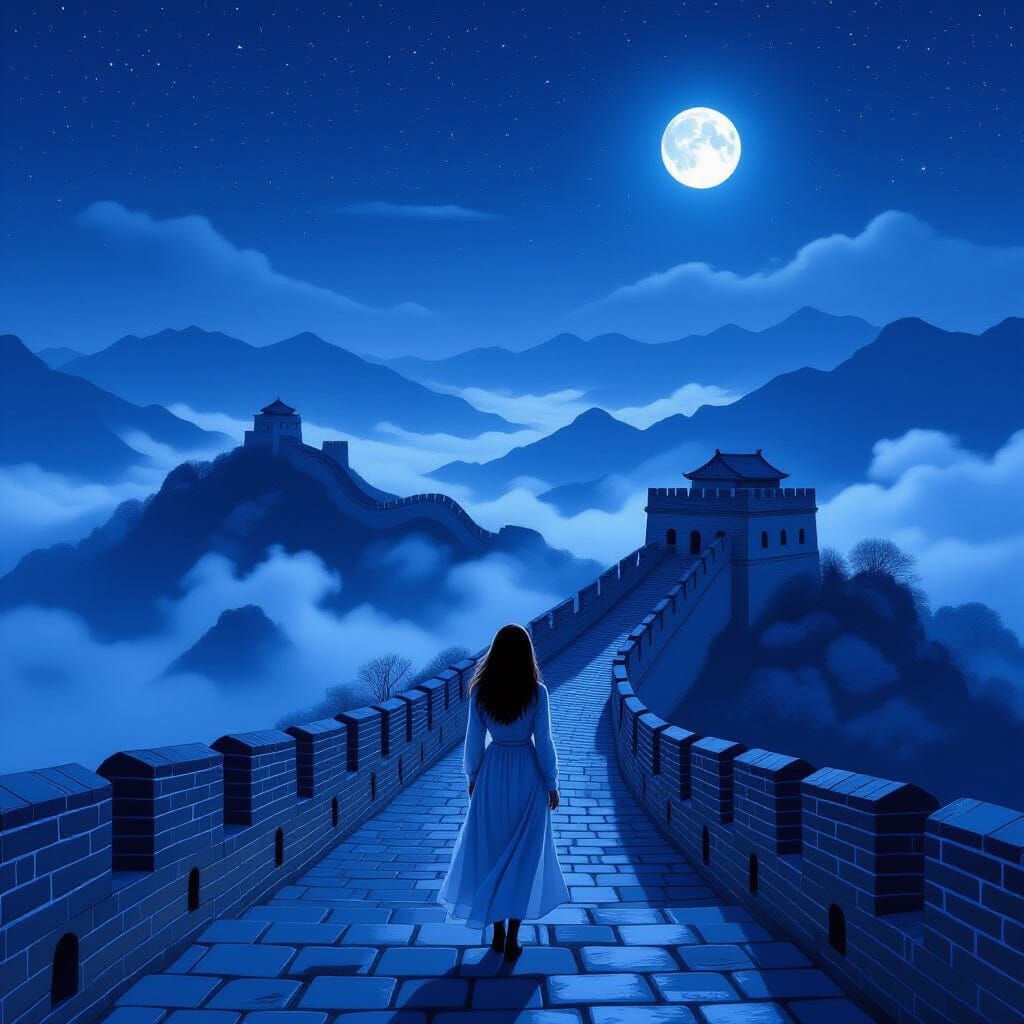 Serene Woman on Great Wall Under Starry Sky