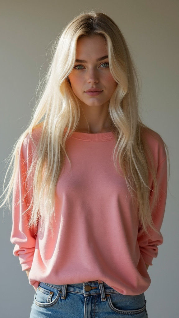 Young Blonde Woman in Pastel Pink and Blue Jeans