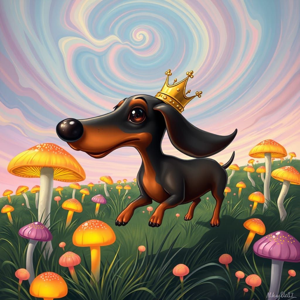 Caricature Dachshund in Mushroom Field with Crown