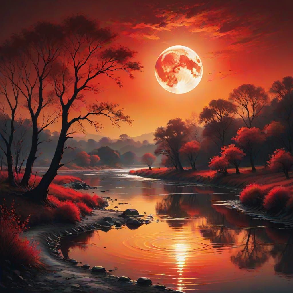 Red Moon Over Serene River: Oil Painting Style