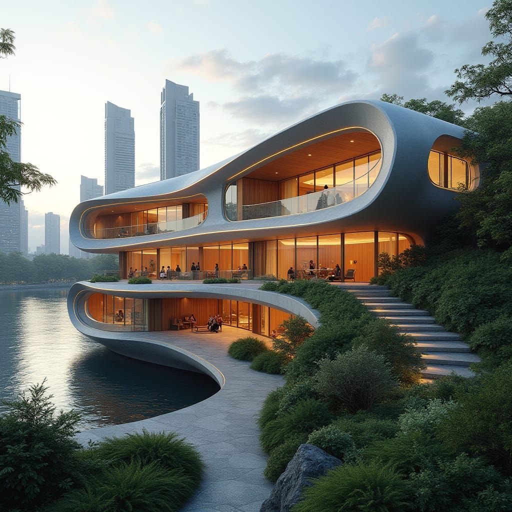 Wave-Shaped Futuristic Timber and Glass Building with Lush G...