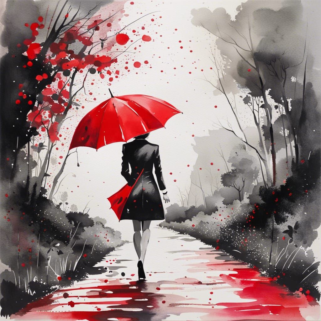 Woman with Red Umbrella in Rainy Watercolor Painting