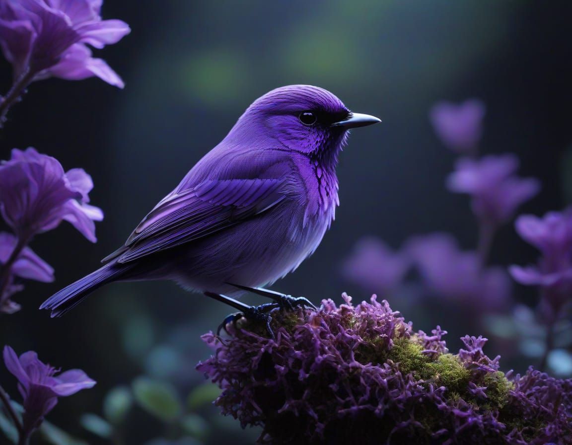 Bioluminescent Amethyst Birds Emerge in Mystical Forest