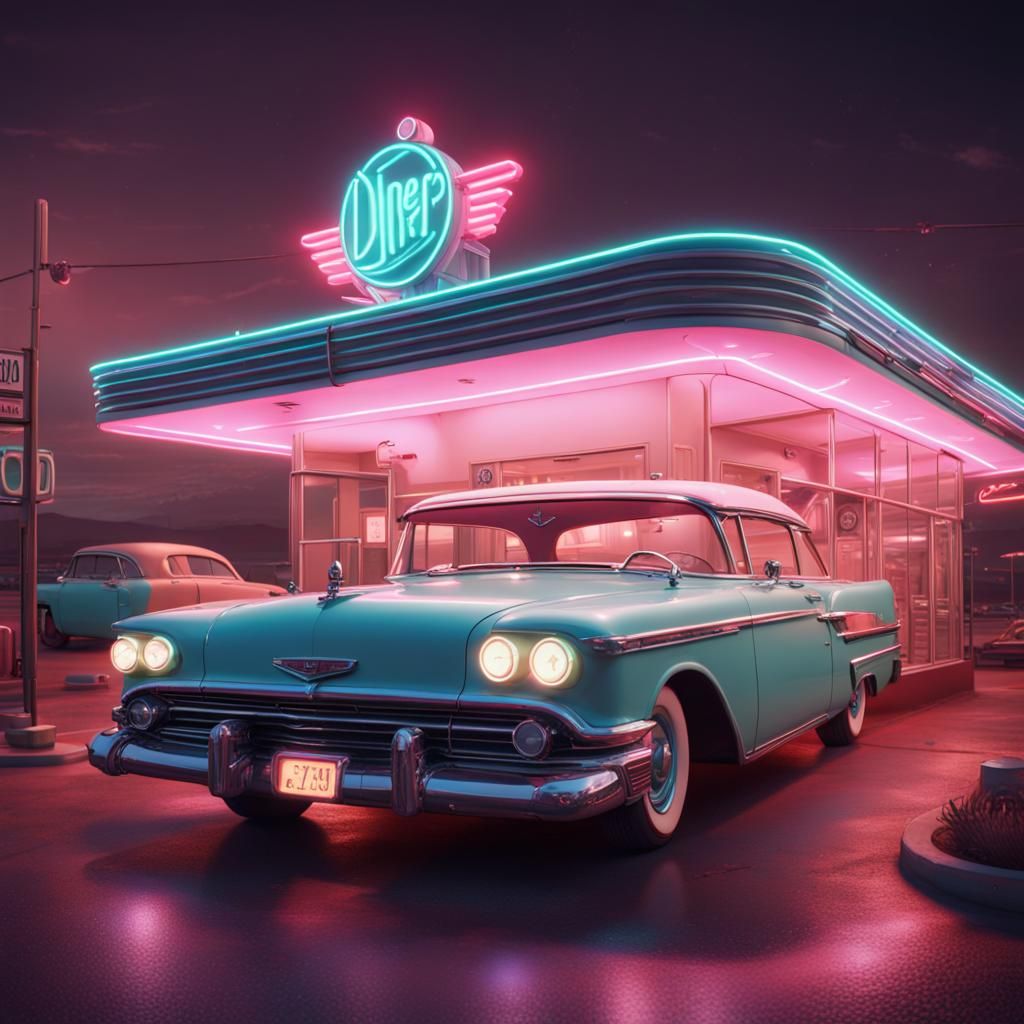 Retro Pastel Diner with Classic Cars
