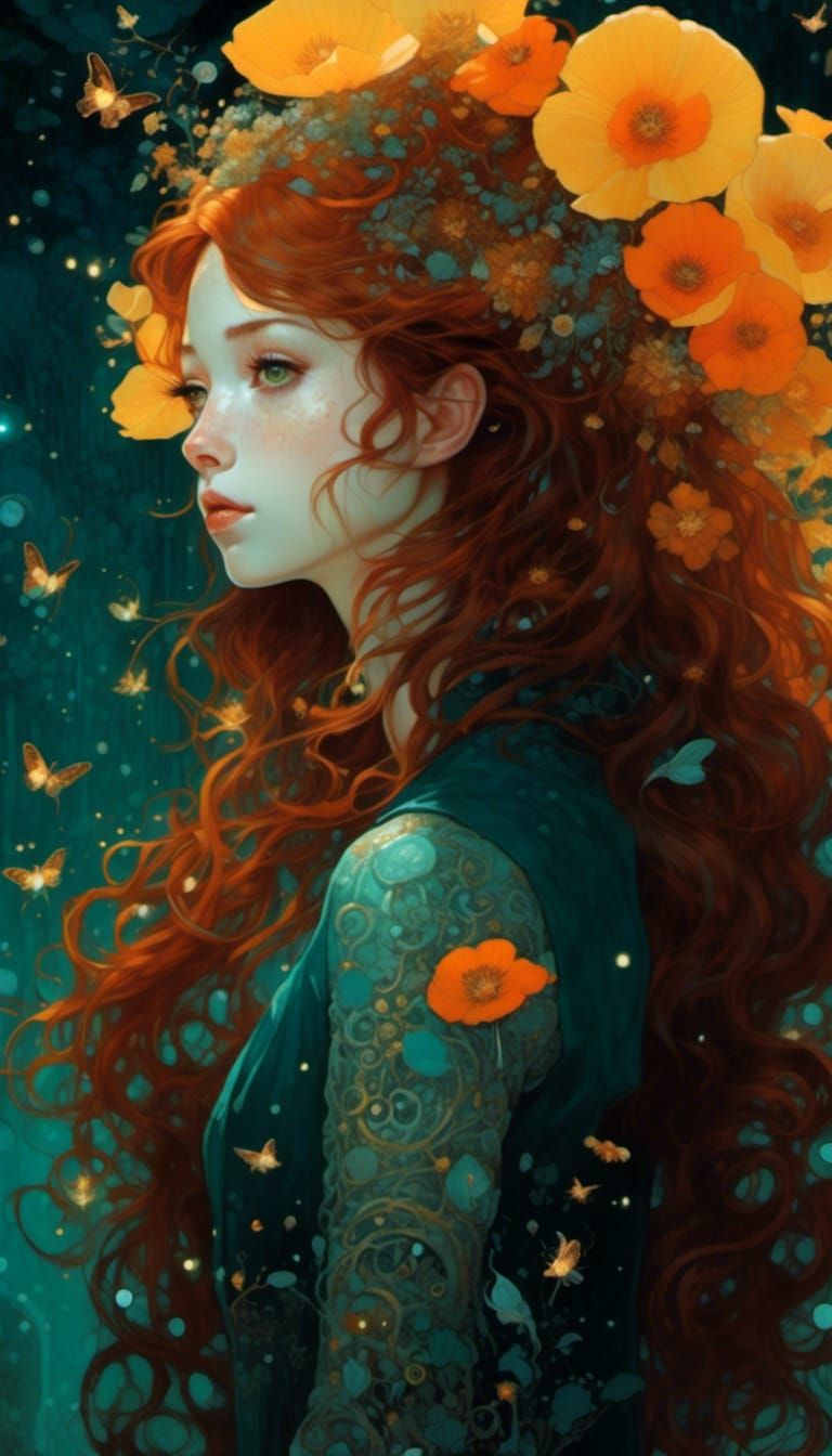 Lonely Freckled Princess Portrait with Poppies in Inkpunk St...