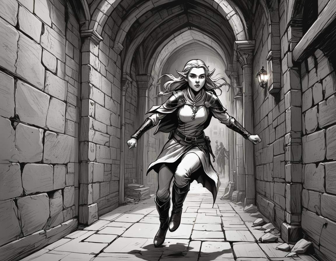Elf Runs Through Dungeon: Comic Book Sketch