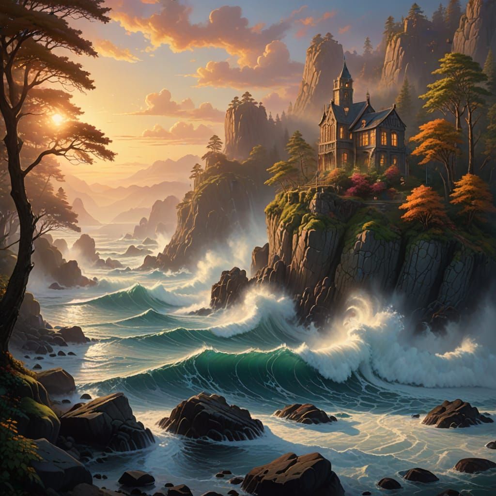 Ethereal Fantasy Landscape with Golden Hour Glow