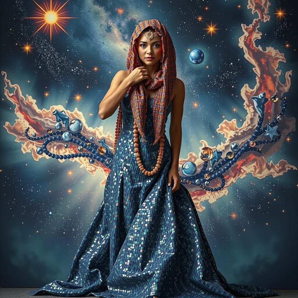 Iridescent Mosaic Woman in Starry Night Sky
