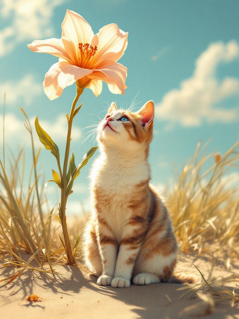 Adorable Cat Under Flower with Flickering Light Effects