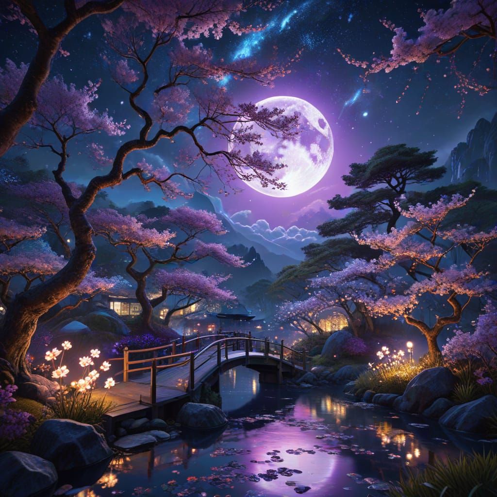 Mystical Japanese Garden at Dusk in Holographic Style