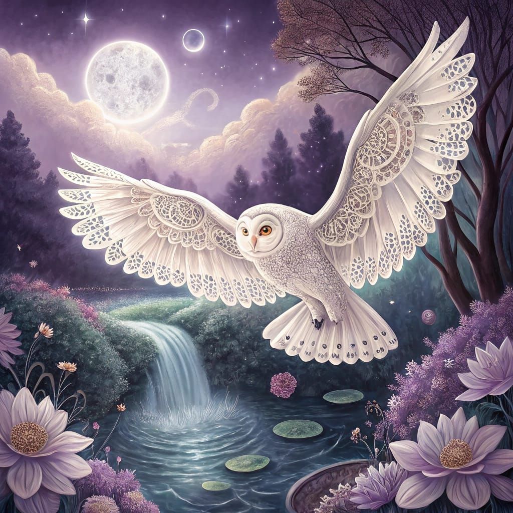 Ethereal Owl in Whimsical Fantasy Landscape