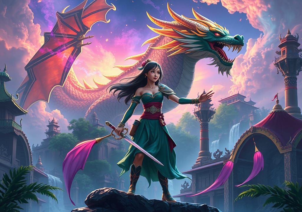 Luminescent Warrior Princess with Dragon, Digital Art