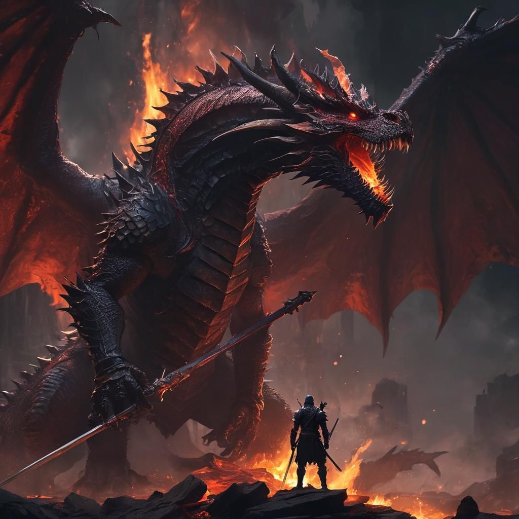 Cyberpunk Dragon Confronts Brave Knight in Fiery Dungeon