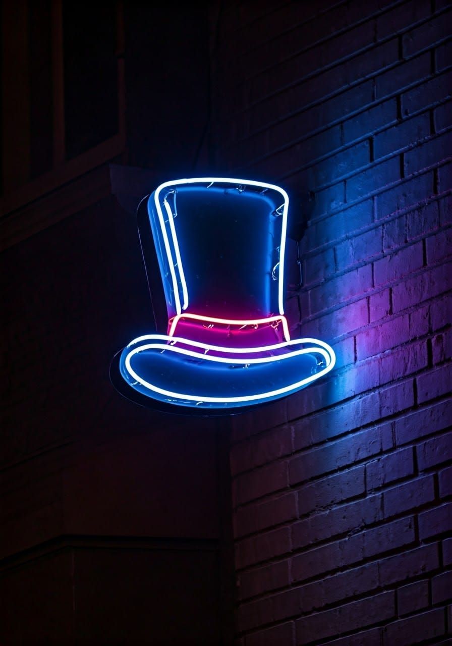 Illuminated Neon Top Hat Sign at Night