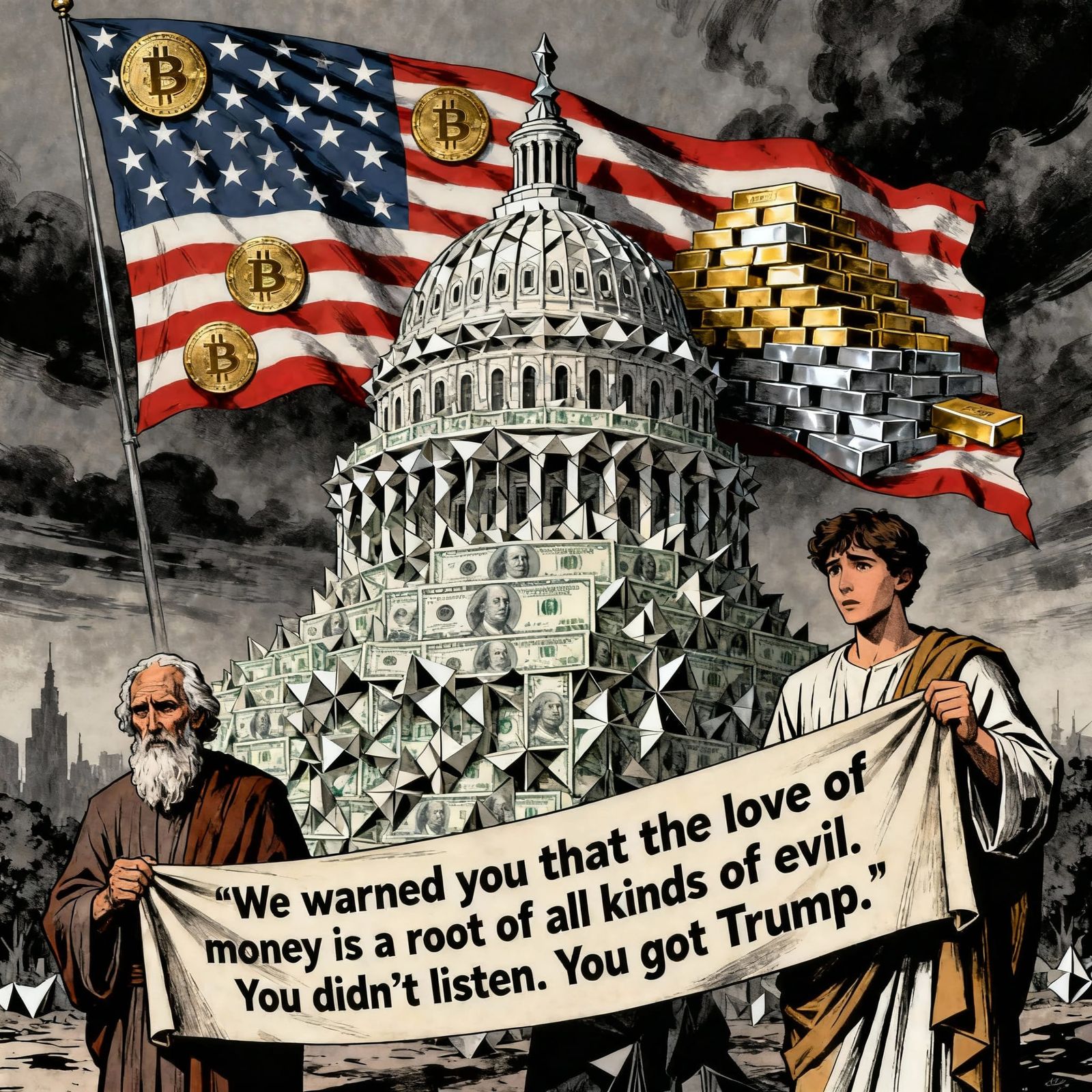 Capitol Hill Made of Money Origami in Dystopian Style