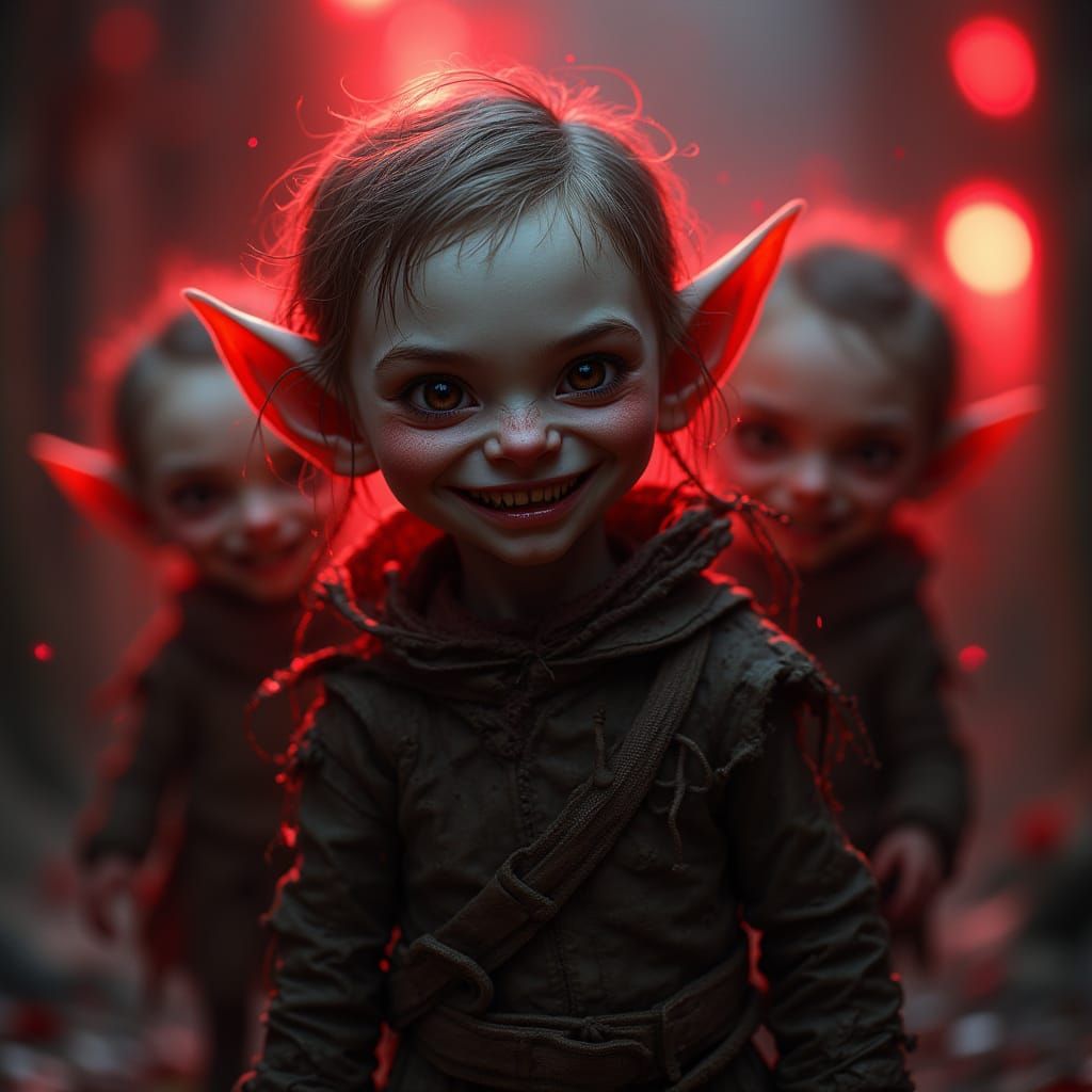 Mischievous Elves with Red Neon Glow Smile Menacingly