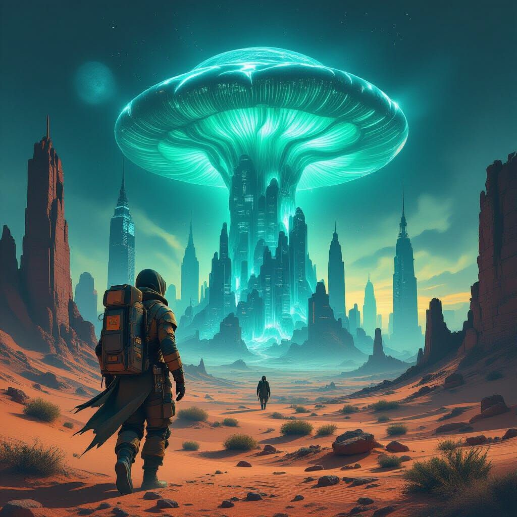 Explorer in Overgrown Desert Ruins with Bioluminescent Mushr...