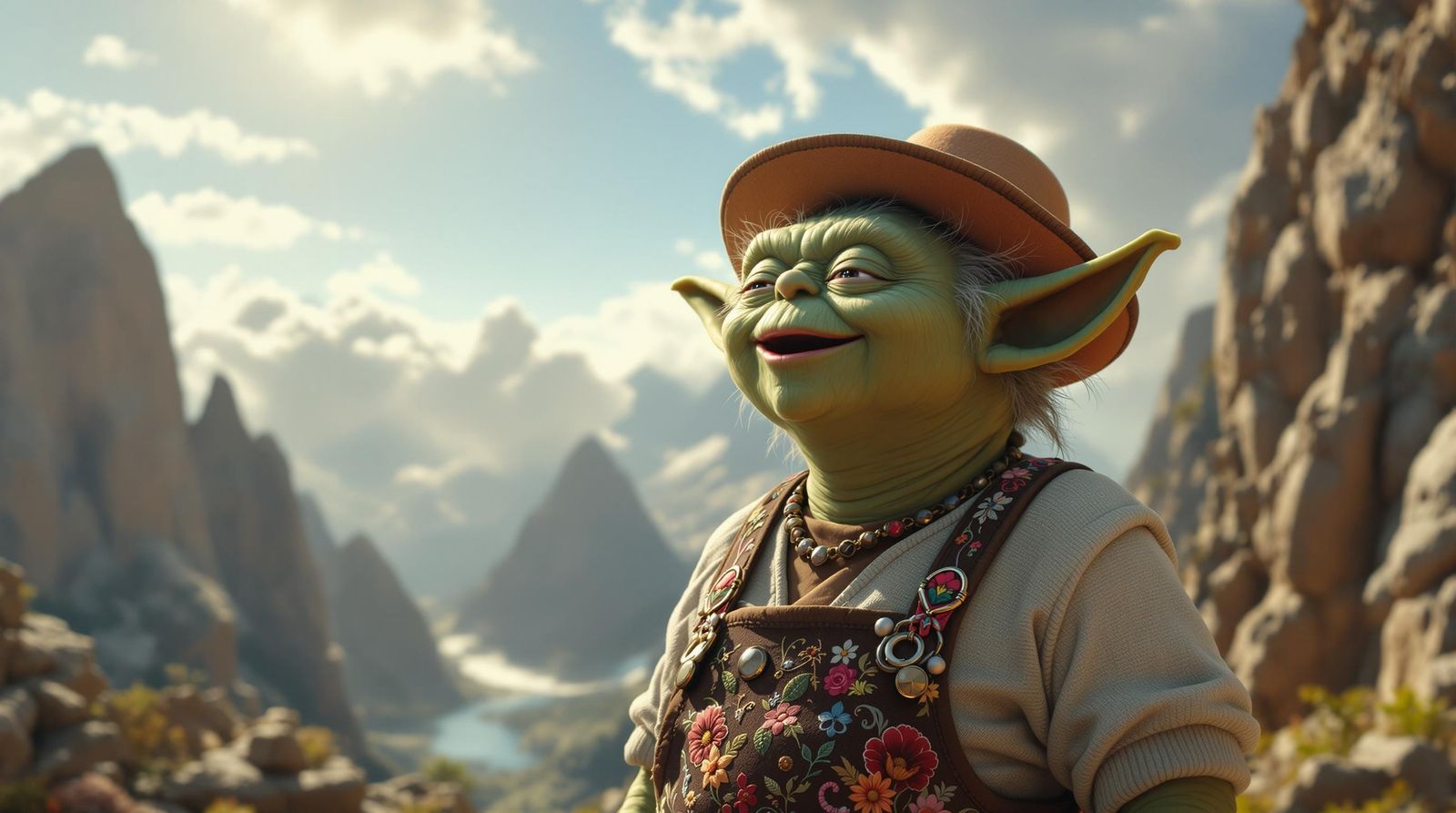 Happy Yoda Yodeling on Sunny Mountaintop