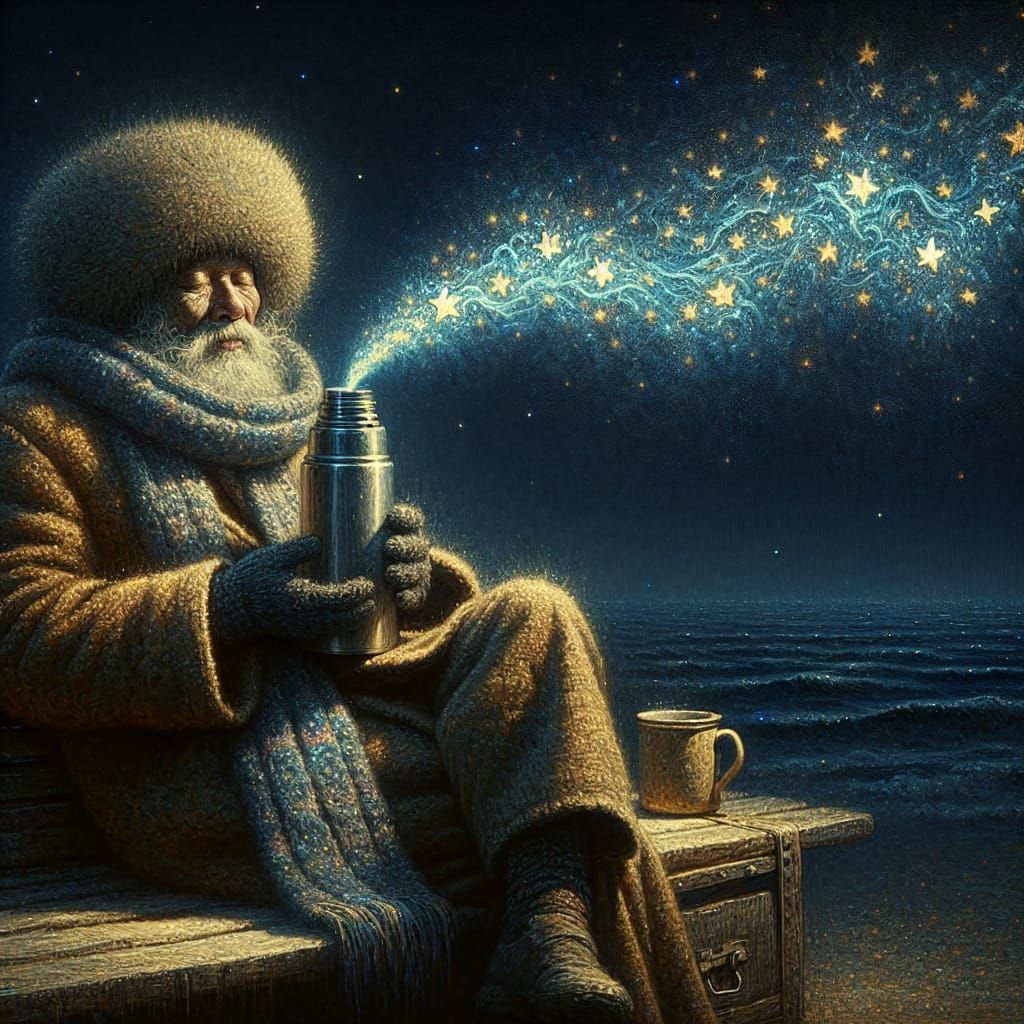 Star-Infused Tea by the Seaside: An Oil Painting