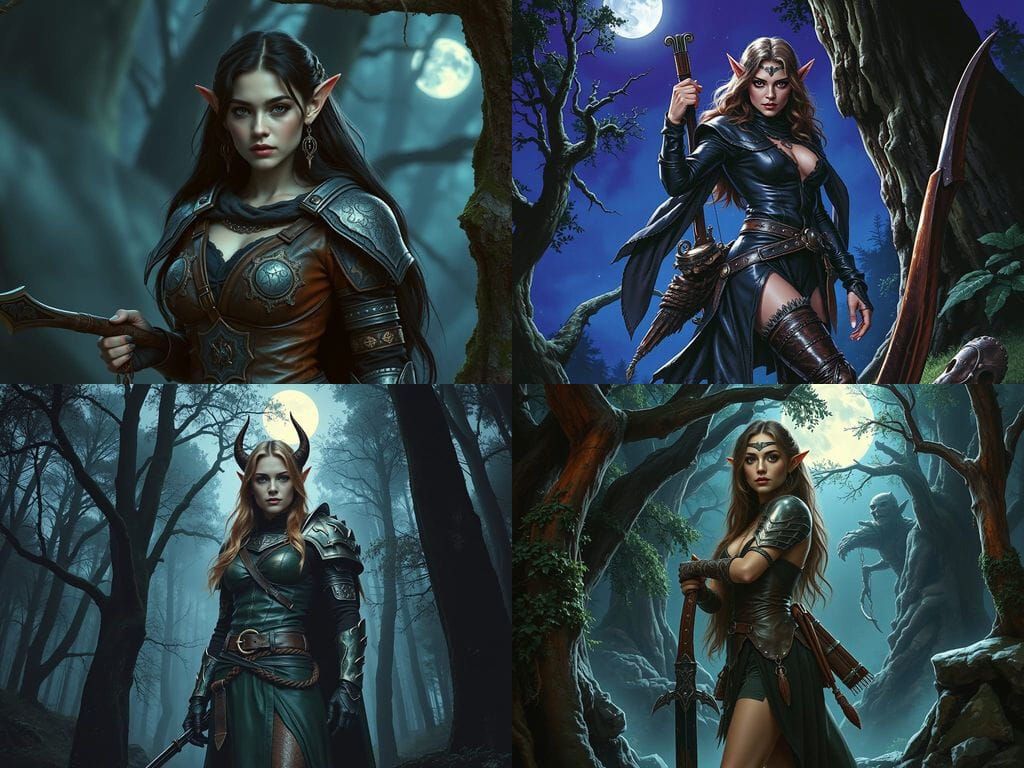 Dark Elf Huntress in Enchanted Forest, Art Nouveau
