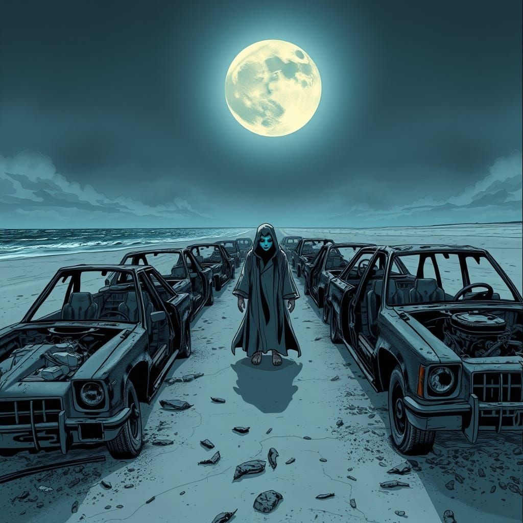 Moonlit Wreckage Haunts a Forgotten Beach Road