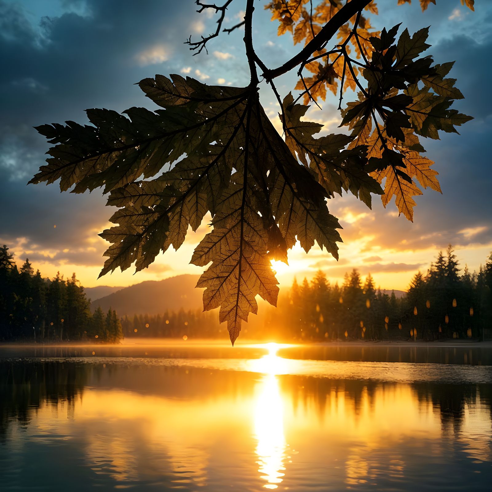 Surreal Oak Leaf Falls into Triadic Forest Lake at Sunrise