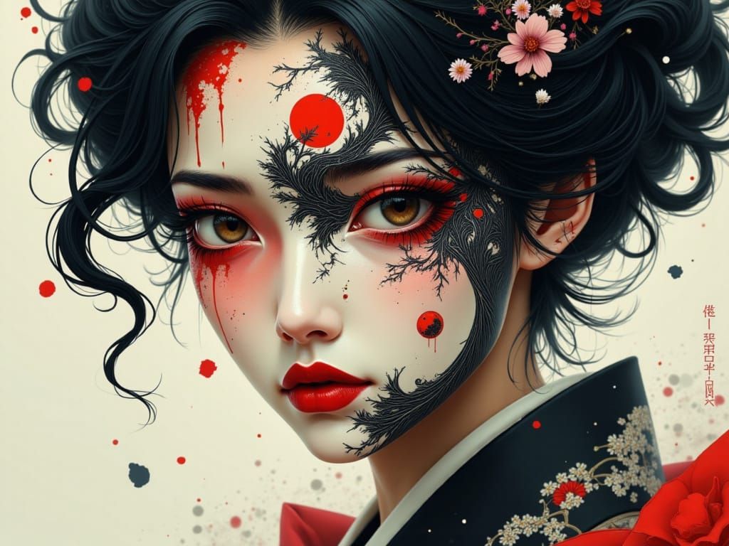 Geisha Portrait in Harmonious Contrast, Holding Sword in Cyb...