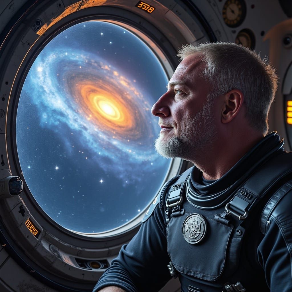Man Gazing at Binary Star System in Futuristic Spacesuit