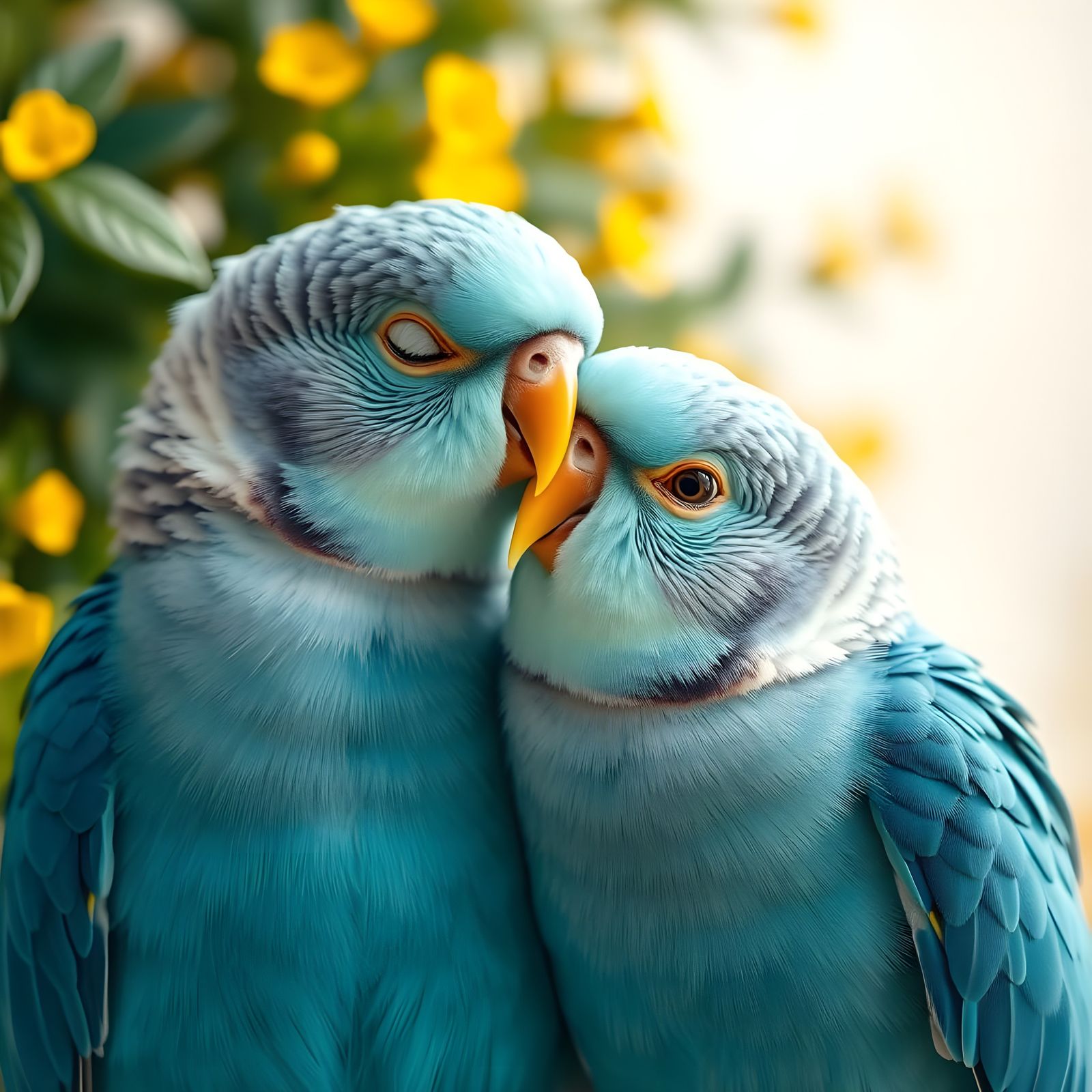 Affectionate Lovebirds Cuddling in a Photorealistic Close-Up