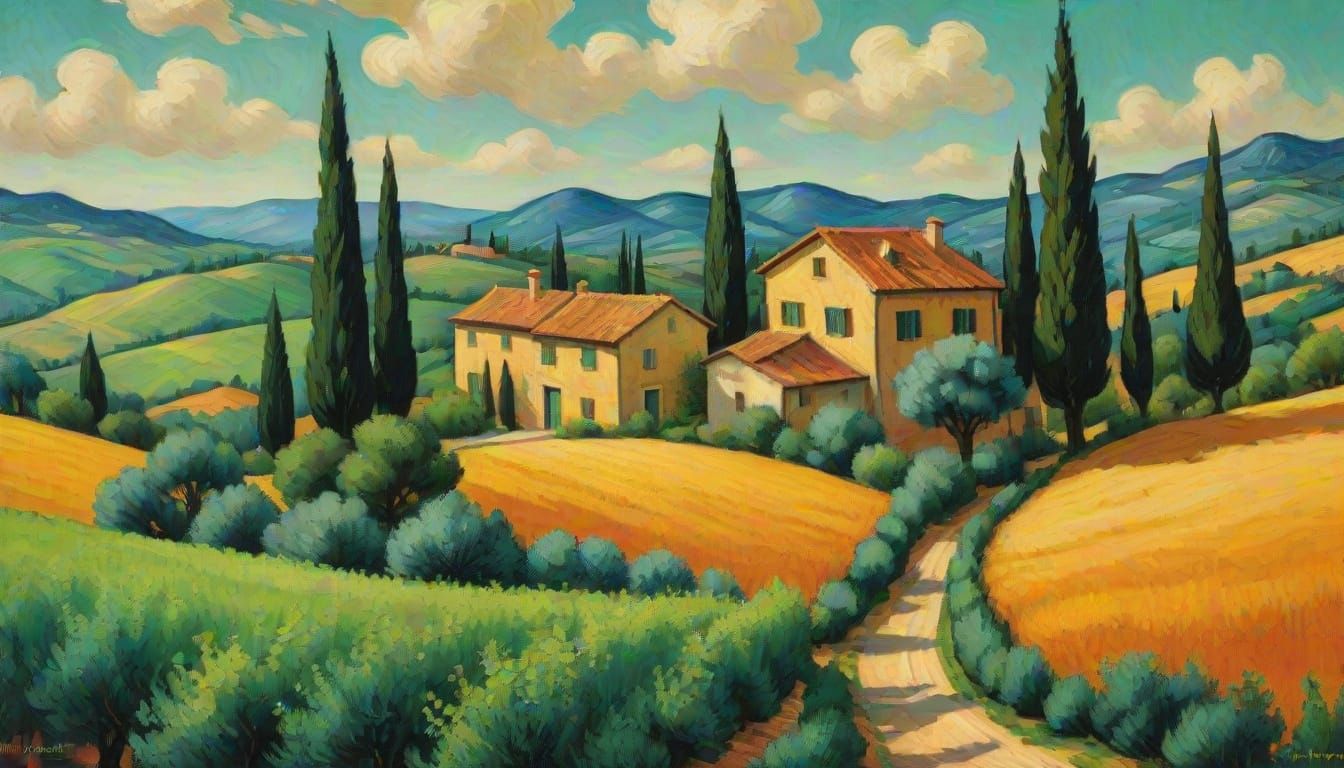 Tuscan Farmhouse in Vibrant Impasto Style