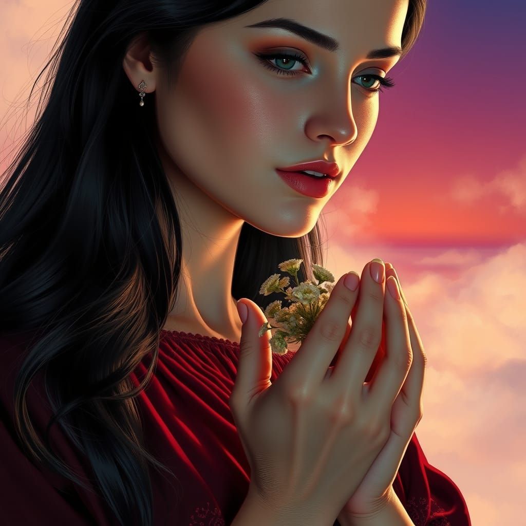 Ethereal Young Woman in Crimson Lahenga