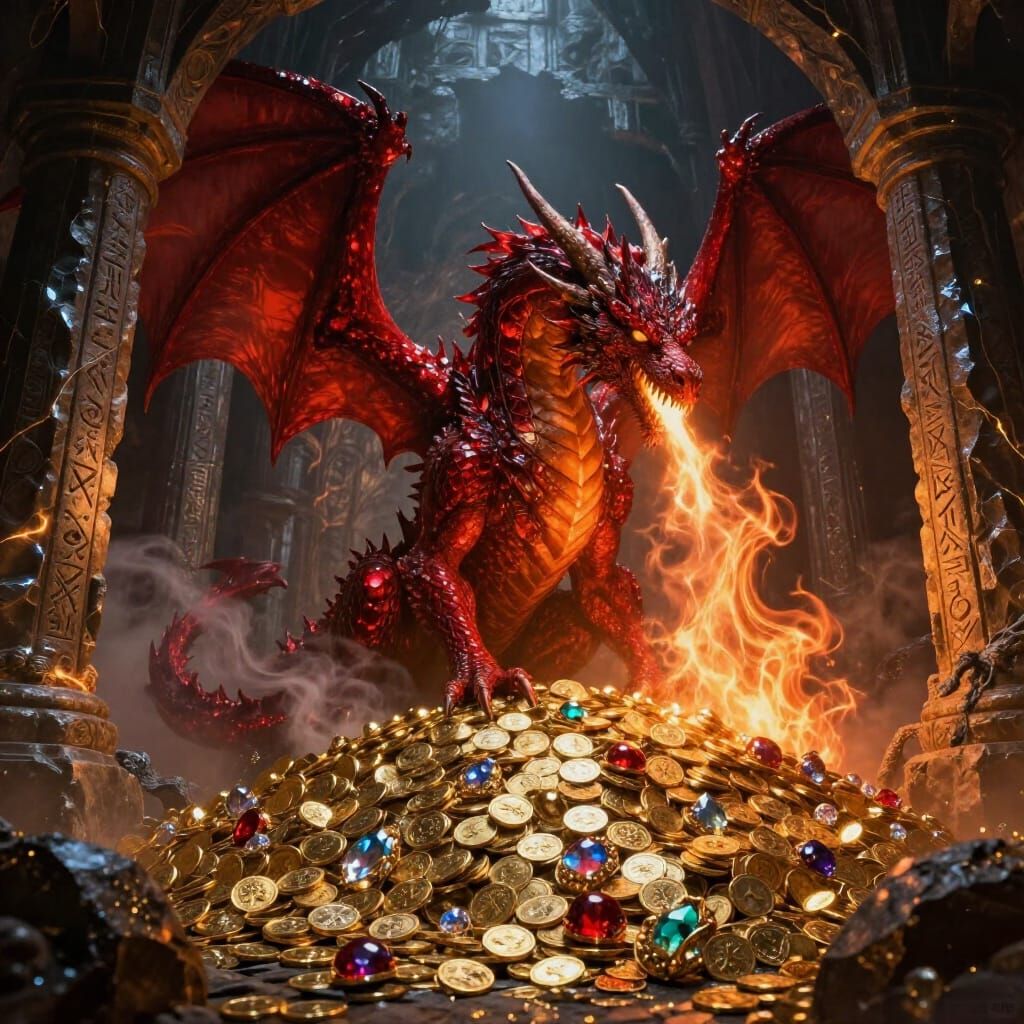 Colossal Ruby Dragon Guards Dwarven Treasure Hoard