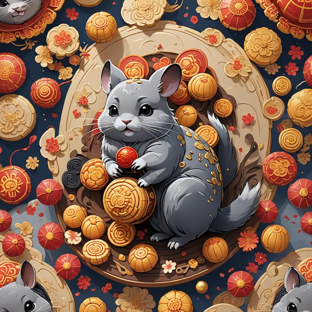 Chinese New Year Chinchilla with Mooncake, Anime Style