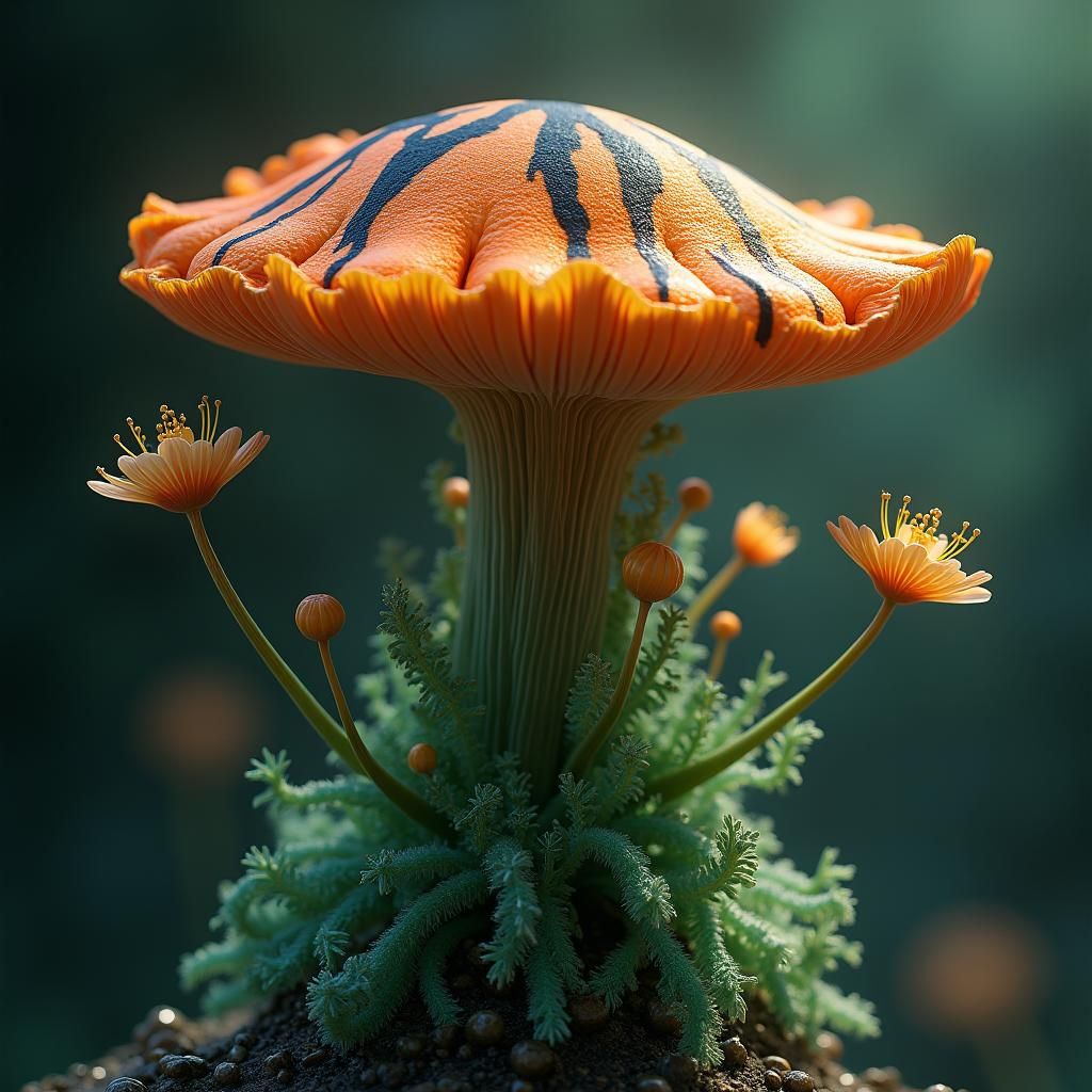 Exotic Striped Mushroom with Seaweed, Photorealistic Matte P...