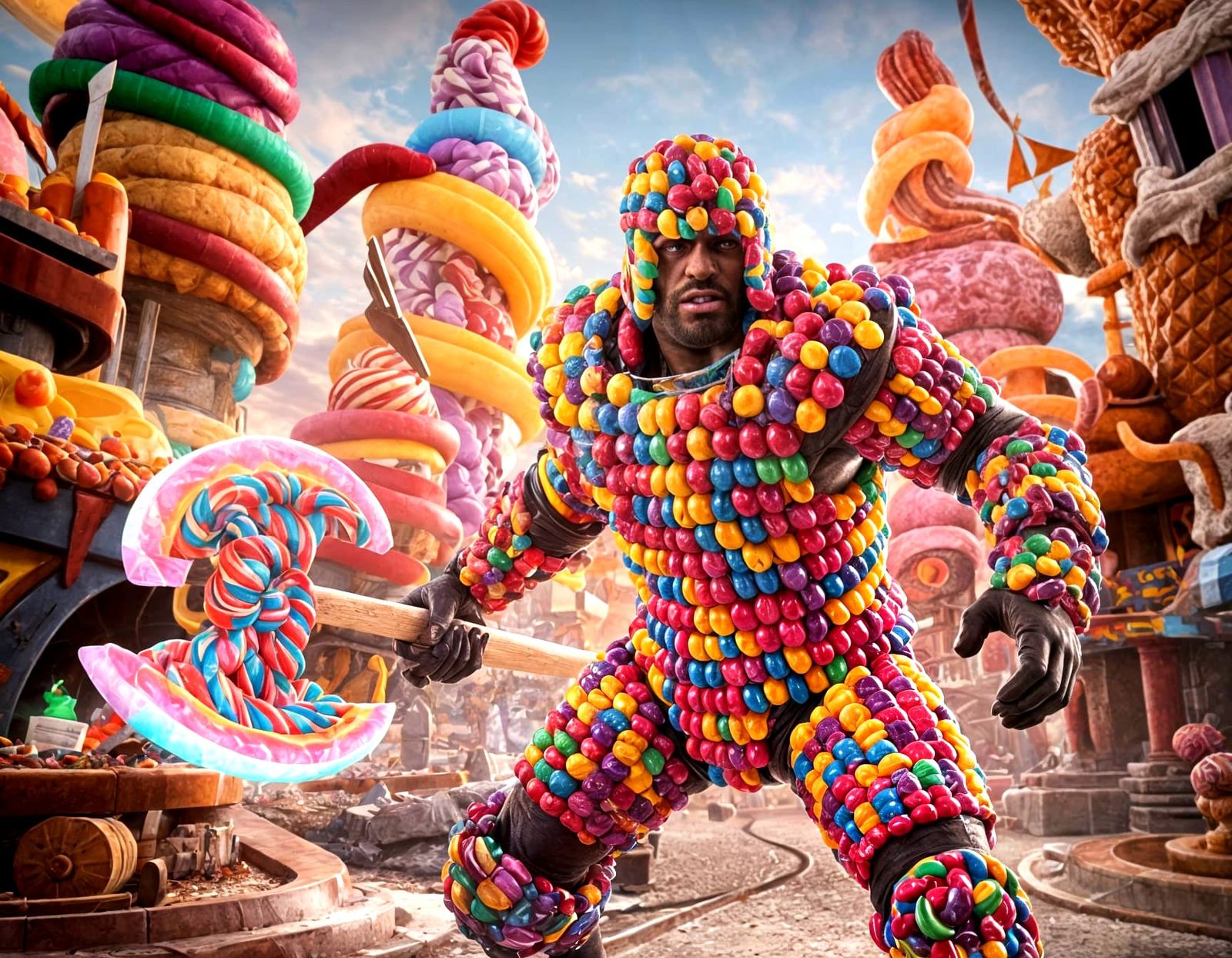 Candy Armor Hero in Whimsical Food Cityscape