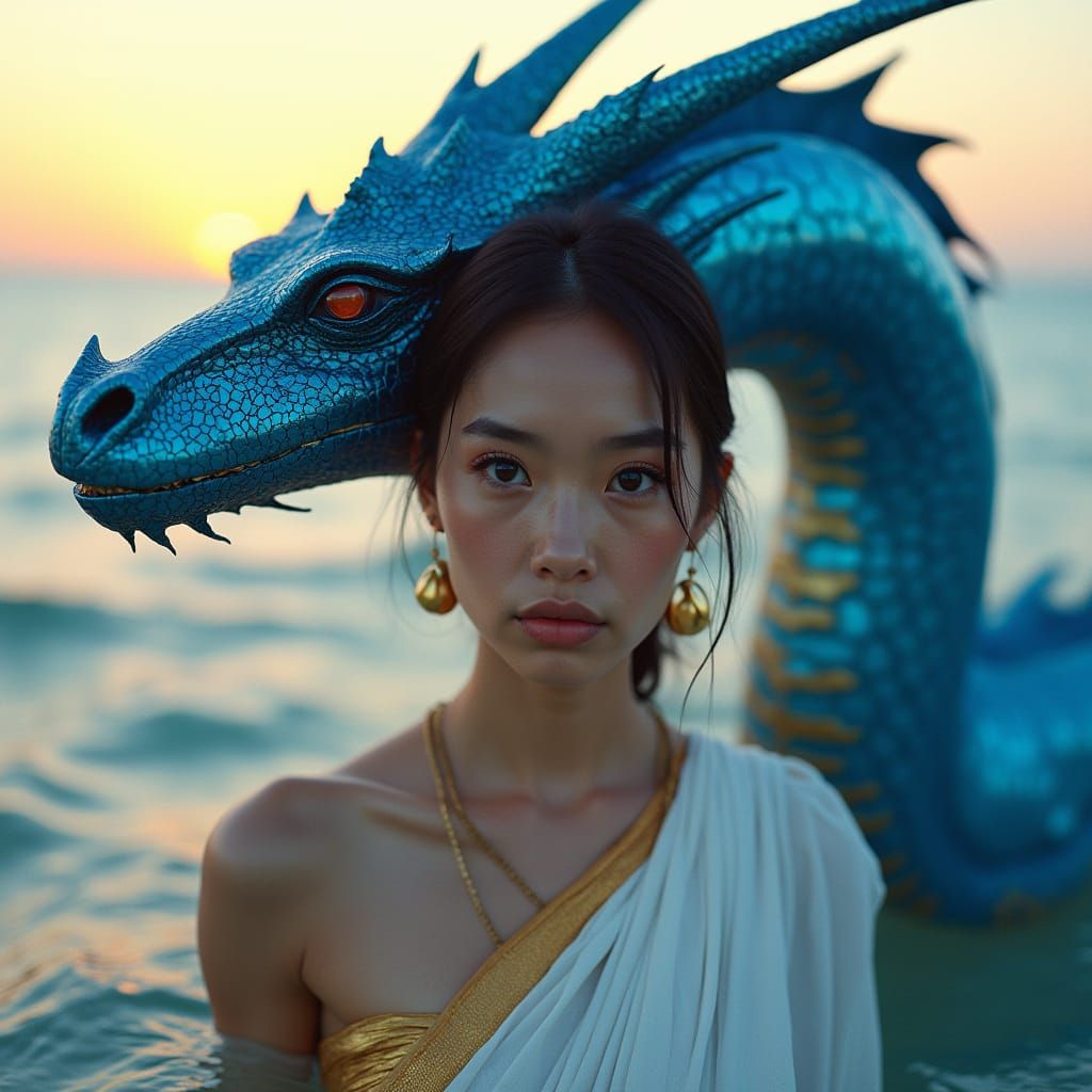 Futuristic Blue Woman with Dragon in Sunset