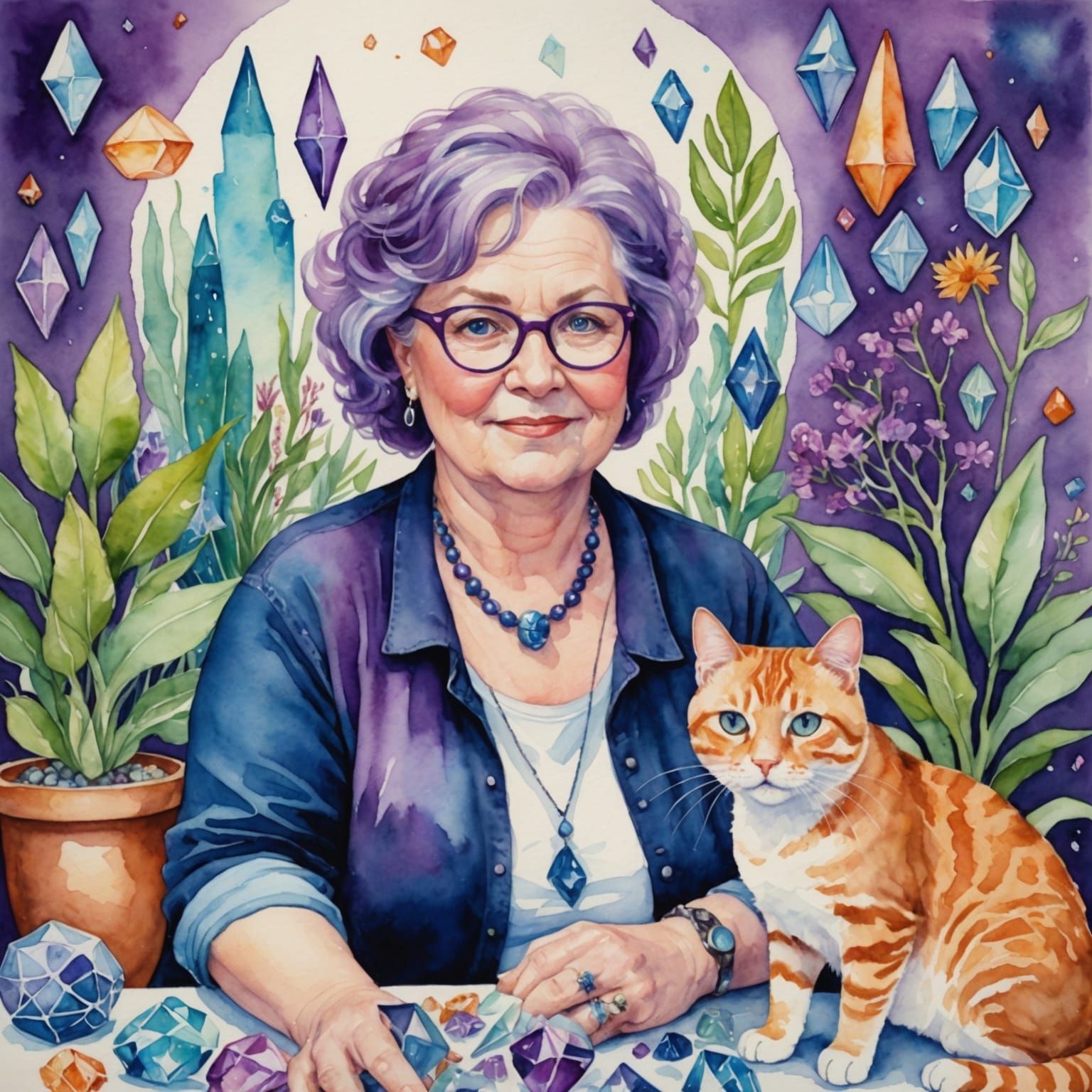 Watercolor Artist Surrounded by Crystals and Animals