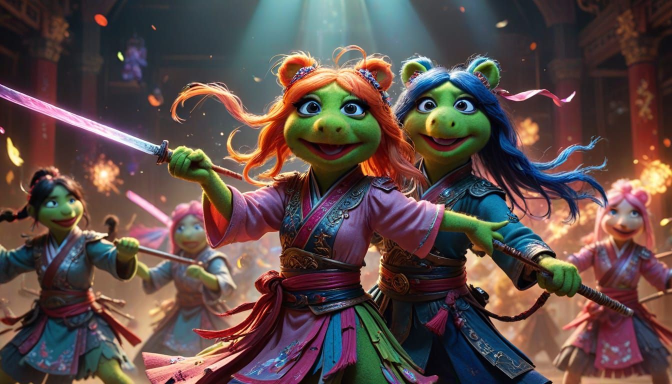 surreal magical girl muppets in a wuxia setting