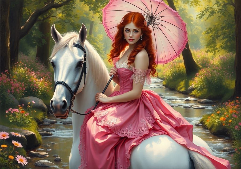 Victorian Lady on White Horse, Oil Painting