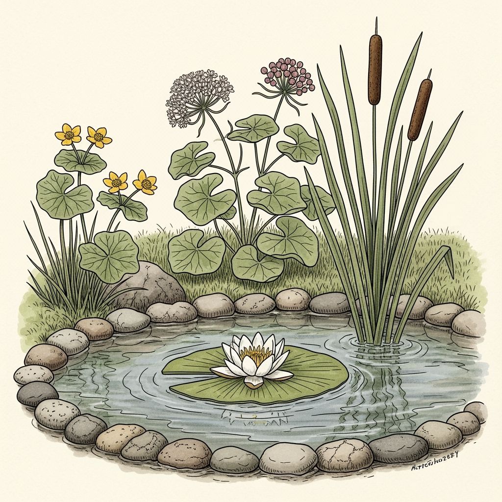 Serene Pond with White Water Lily and Marsh Flora