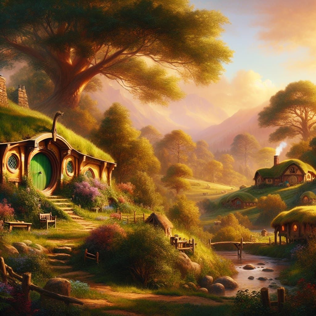 Serene Hobbit Shire Scene in Romantic Style