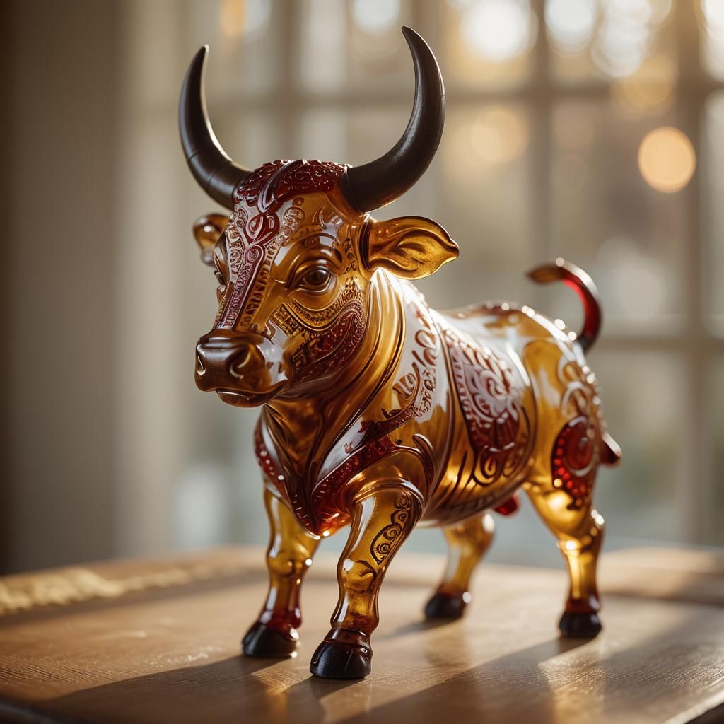 Amber Glass Bull Sculpture with Tribal Patterns