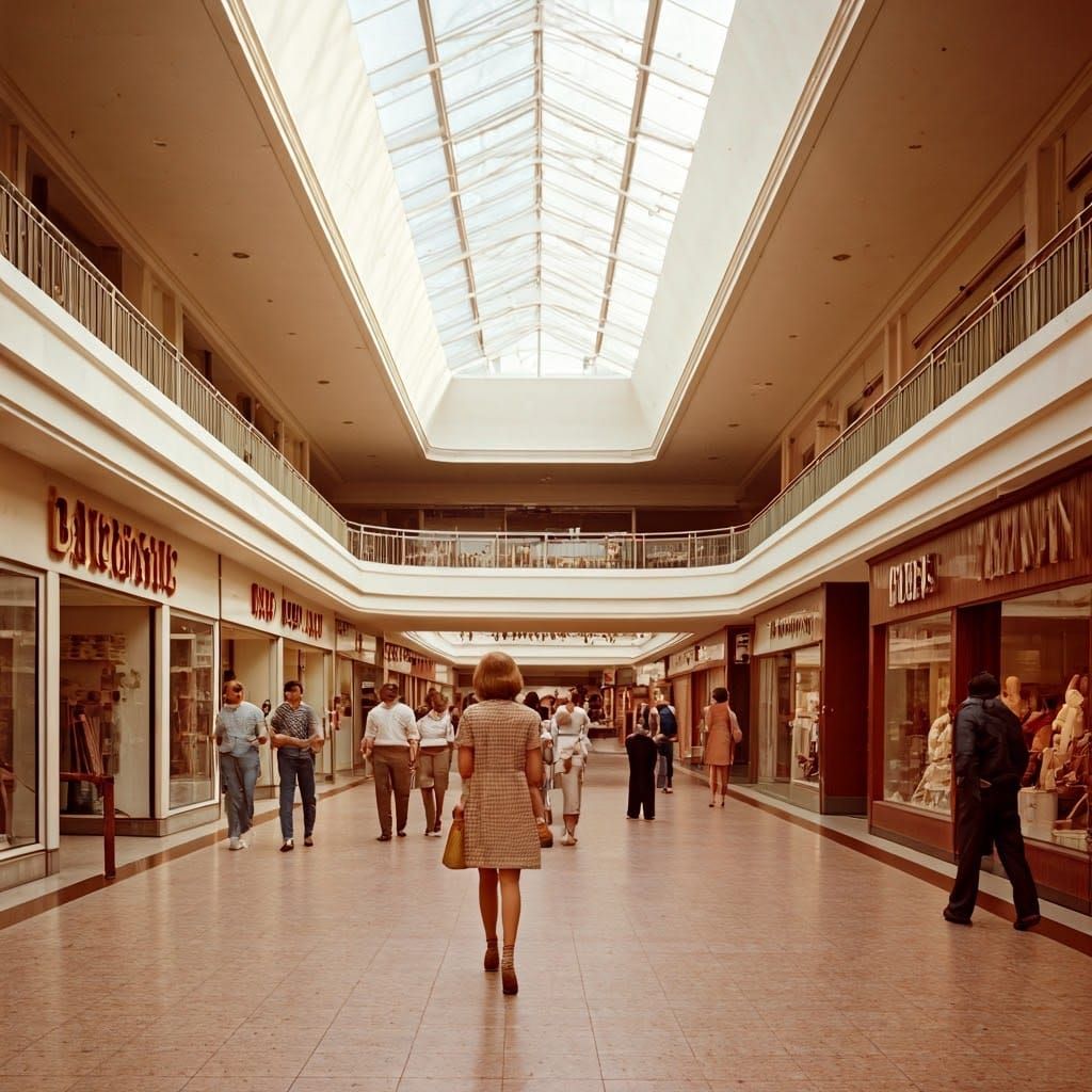 Retro Suburban Mall Scene in Warm Light