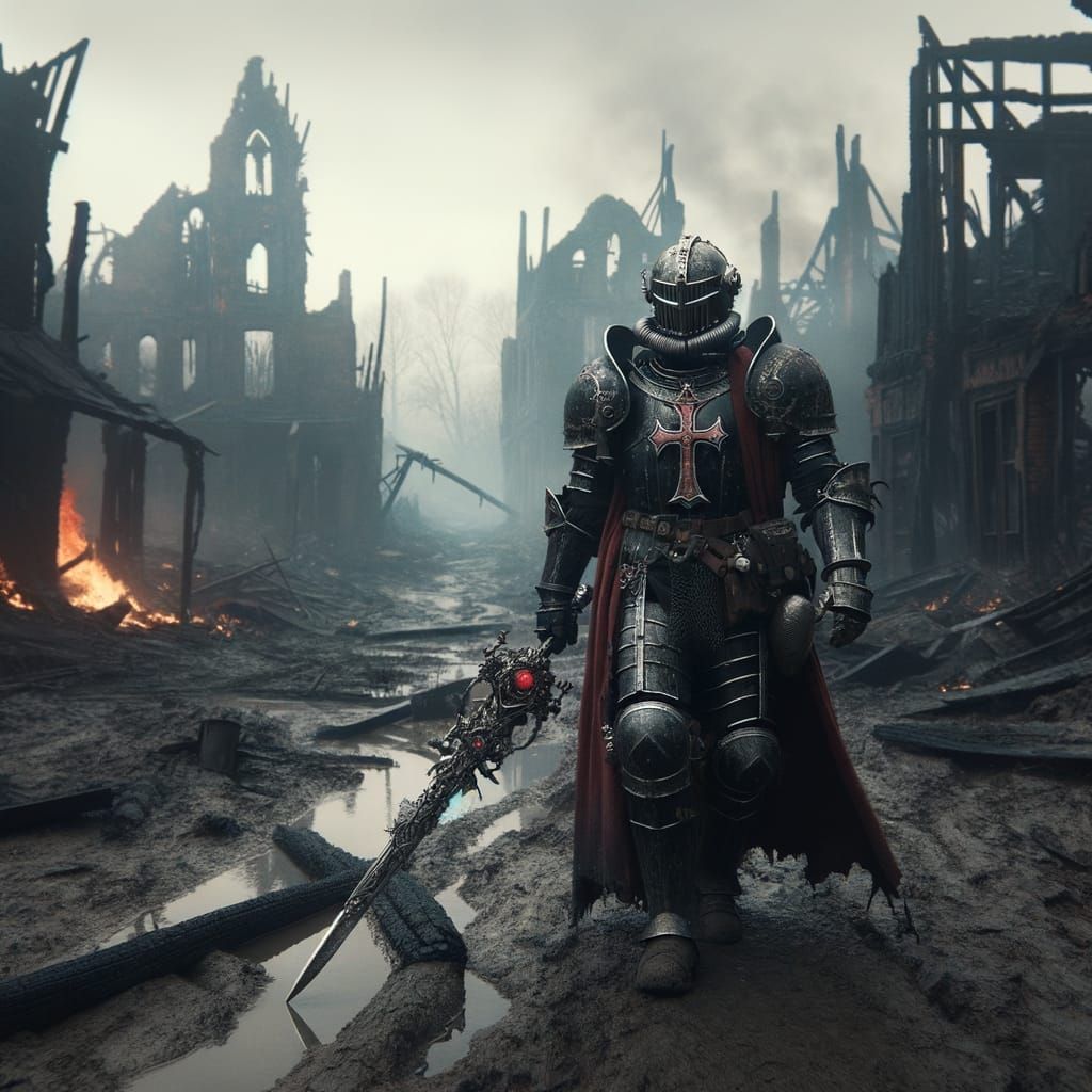 Futuristic Knight Navigates Ruined Medieval Village