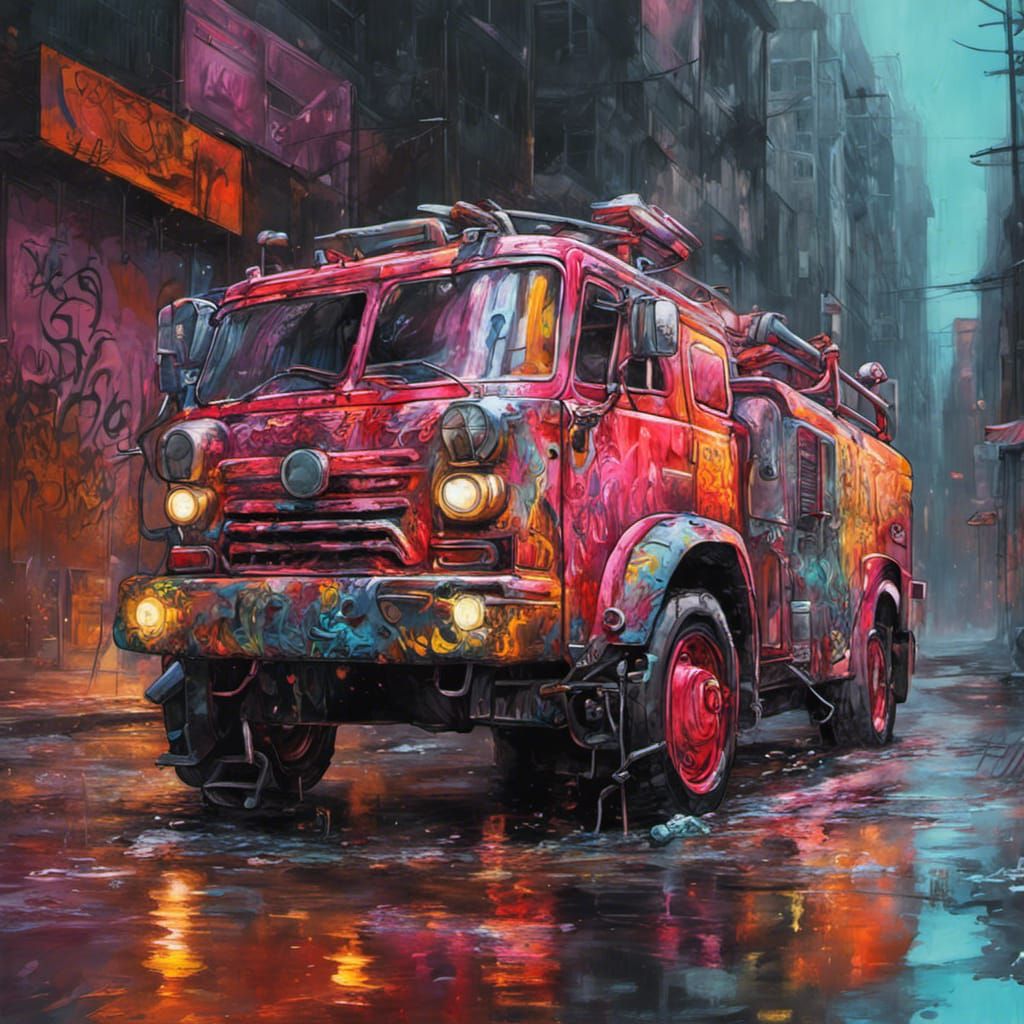 Cyberpunk Firetruck in Graffiti Splash Art Style
